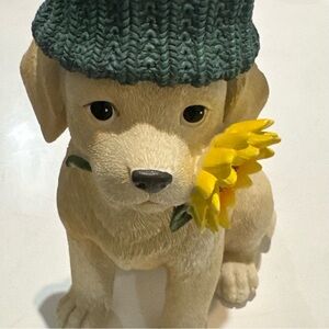 🌴 Charming Tan Dog Figurine with Green Hat and Yellow Flower
